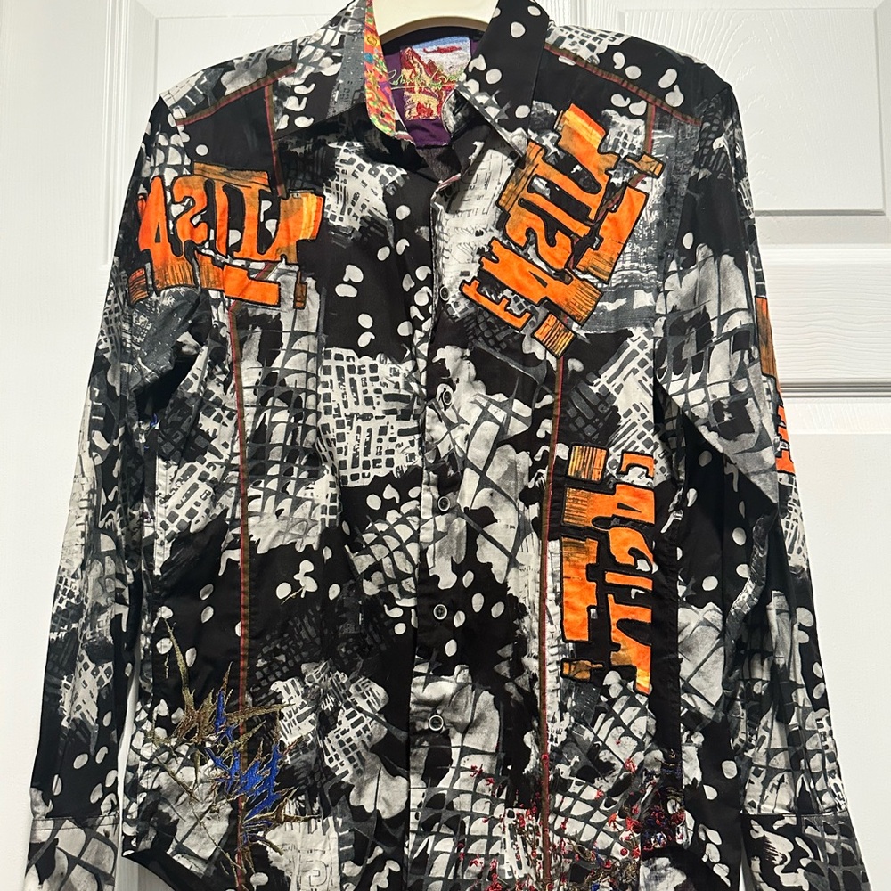Robert Graham Graphic Black and Orange Button-Up Shirt